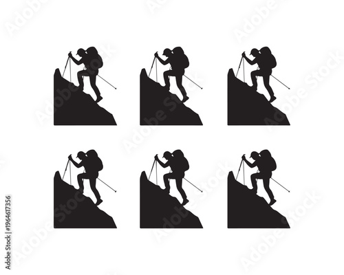 Silhouettes of six identical hikers with backpacks and trekking poles ascending rocky slopes against a white background