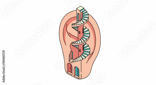 Ear Canal Architecture Design Concept with Spiral Staircase and Windows Exploring Inner Hearing Sounds and Auditory Perception Detailed Artwork