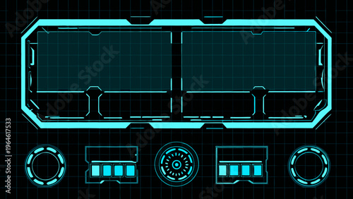 Futuristic interface display with two central panels and surrounding elements