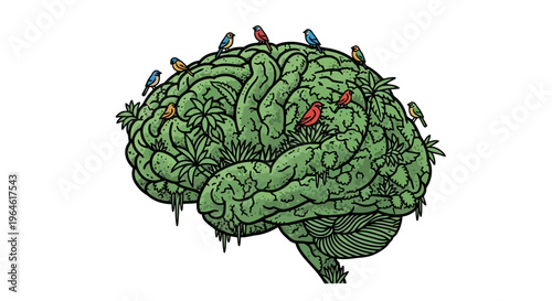 Brainstorming Creative Ideas Conceptual Illustration of a Green Brain with Colorful Birds Representing Imagination and Mental Activity for Stock