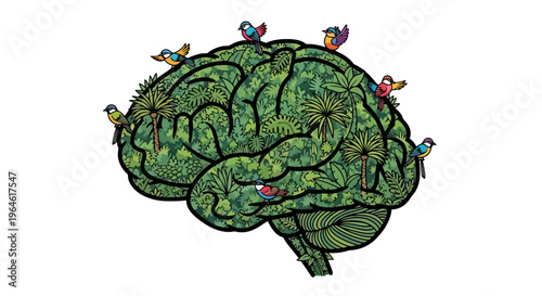 Vibrant artwork depicts a lush green brain filled with tropical foliage and adorned with colorful small birds perched on its surface symbolizing nature s influence on intellect and creative