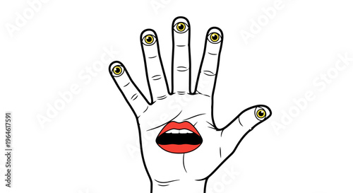 Surreal Hand Illustration with Eyes on Fingers and a Mouth on the Palm Weird Unique Artistic and Conceptual Imagery for Modern Design Projects