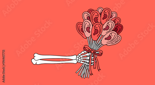 Skeleton Hand Offers Bouquet Of Ears Against Solid Background A Unique Concept For Communication And Listening Themes