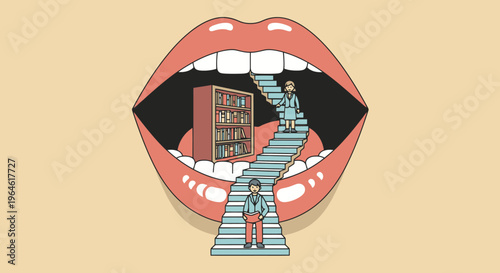 Surreal Illustration of a Mouth Leading to Knowledge with Steps and a Miniature Library in an Abstract and Conceptual Artwork