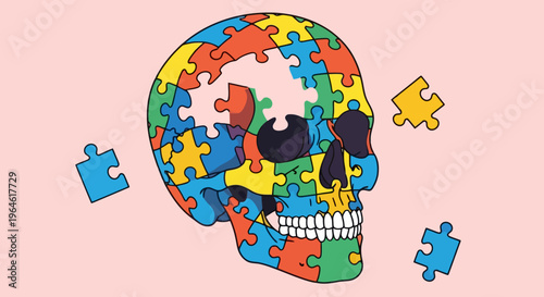 Skull Puzzle Illustration Conceptual Brain Health Memory Loss and Cognitive Function Metaphor with Missing Pieces on a Pink Backdrop