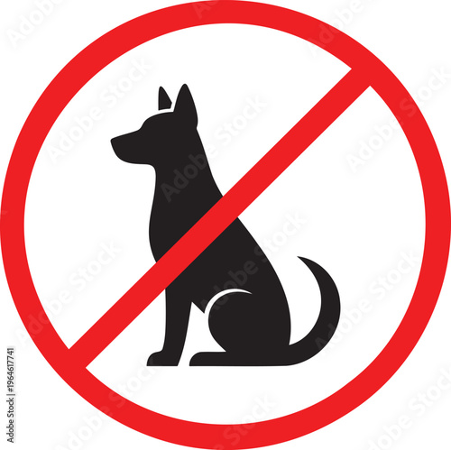 Prohibitory sign silhouette of a dog inside a red circle with slash, no pets allowed restriction symbol, animal ban icon for public places and hygienic zones.