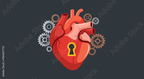 Heart Anatomy with Gears and Keyhole Symbolizes Interlocking Systems and Solutions within the Circulatory System for Medical Concepts