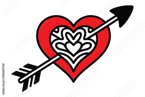 Heart pierced by arrow symbol for love romance relationship or valentine's day theme with decorative pattern
