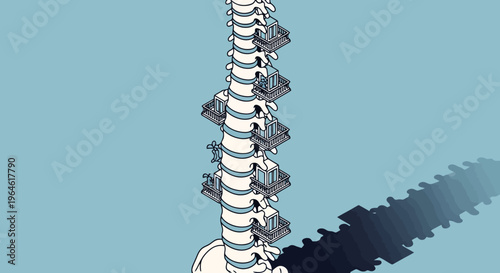 Spine Stability Concept Business People in Chairlifts Riding Spinal Column to Success Metaphor for Support Back Pain Relief Health and Balance