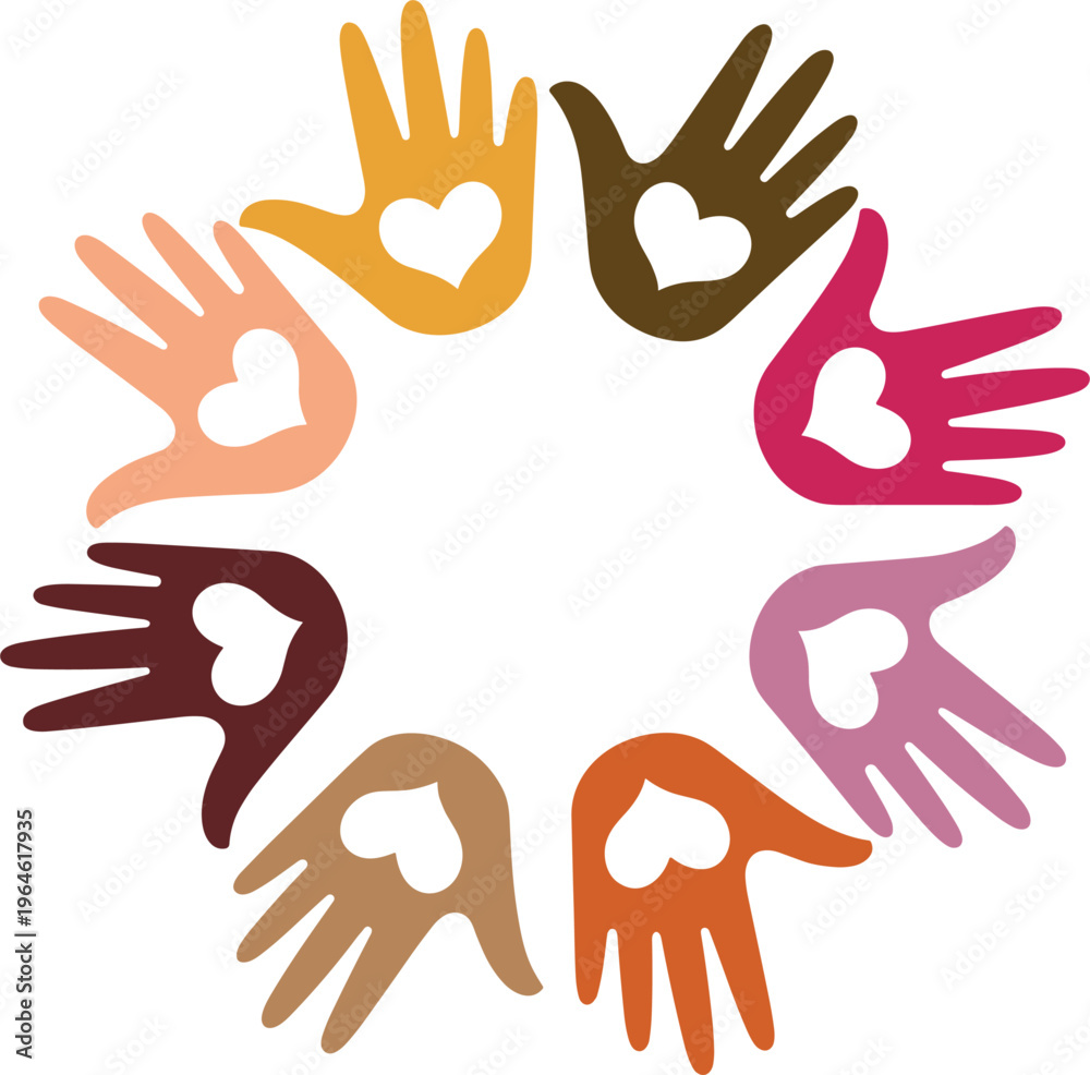 Fototapeta premium Diverse hands forming circle with heart shapes symbolizing unity love inclusion and community support perfect for social and charity designs