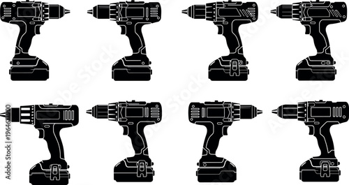 Set of Realistic Electric Power Drill Silhouettes and Cordless Driver Tool Vector Illustrations Isolated on White Background for Professional Industrial Design