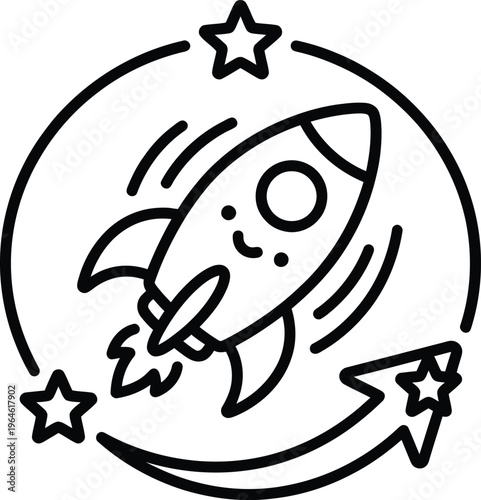 A smiling rocket soars through a circle with stars and a curved tail in a vector graphic illustration