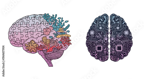 Artificial Intelligence Concept Artwork Featuring a Brain Divided Between Circuitry and Puzzle Pieces to Represent Logical Thinking