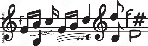 Music Notes and Musical Notation Vector Elements - Hand-Drawn Treble Clef, Sharp, and Flat Symbols on Staff Lines.
