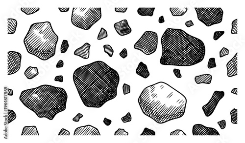 Scattered rocks and stones with cross hatched shading in vintage engraving style