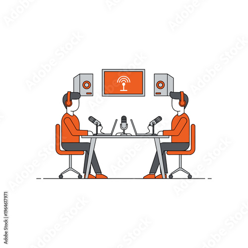 Two people podcasting with microphones and headphones at table studio setup.