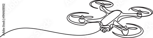 One continuous line drawing of flying drone airplane, unmanned plane. Modern gadget for videography concept. One line draw graphic design vector