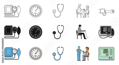 Medical Icons Blood Pressure Monitors, Stethoscopes, and Gauges for Healthcare