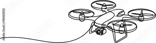One continuous line drawing of flying drone airplane, unmanned plane. Modern gadget for videography concept. One line draw graphic design vector