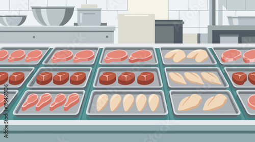 Assortment of Fresh Meat Cuts Displayed in a Supermarket Refrigerator.