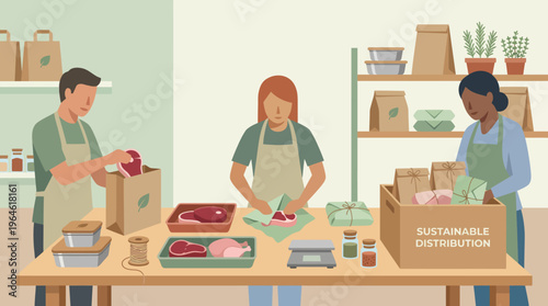 Butcher shop workers preparing meat orders for customers.