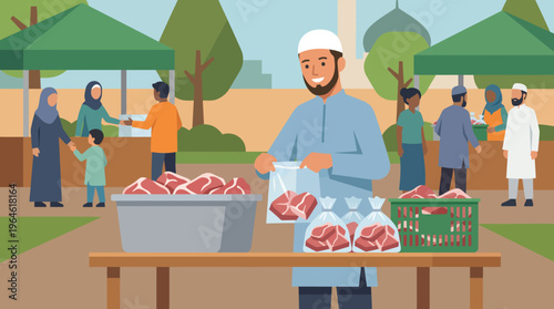 Bearded Muslim Man Selling Meat at Outdoor Market.