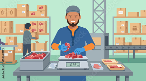 Butcher Weighing Fresh Meat in a Processing Plant.