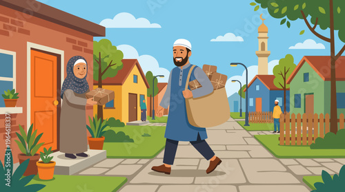 Muslim Man Carrying Food for Zakat to a Woman in Need.