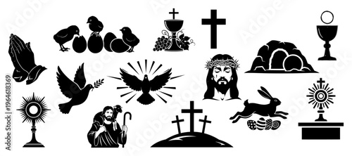 Christian Easter religious icons and symbols including Jesus Christ and resurrection elements in flat silhouette style
