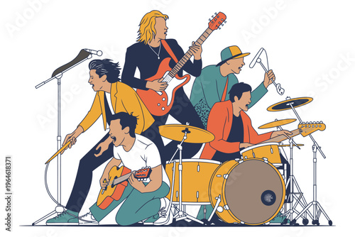 Rock band performing music with guitars drums singer and microphones on stage dynamic energetic illustration