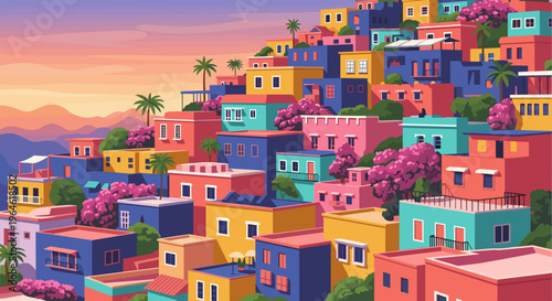 Colorful hillside town at sunset with pastel houses and pink trees