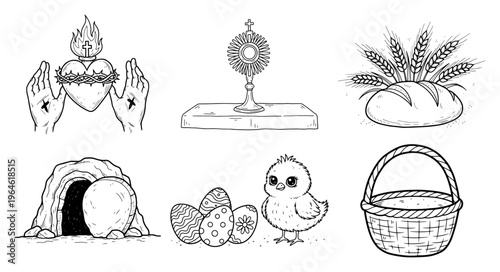Religious Easter symbols set with sacred heart and resurrection elements in hand drawn sketch style