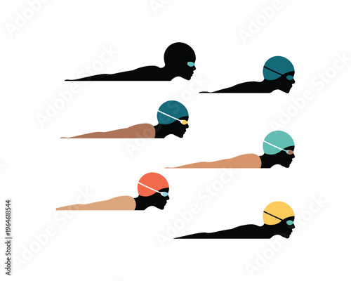 Stylized silhouettes of swimmers in profile view with colorful swim caps and goggles in various swimming strokes on a white