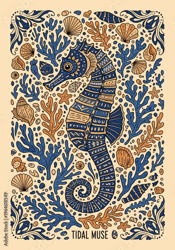 Art deco seahorse illustration with Tidal Muse text in blue beige tones