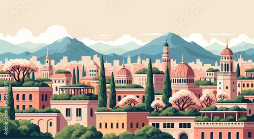 Pastel Mediterranean cityscape with cypress trees and mountains