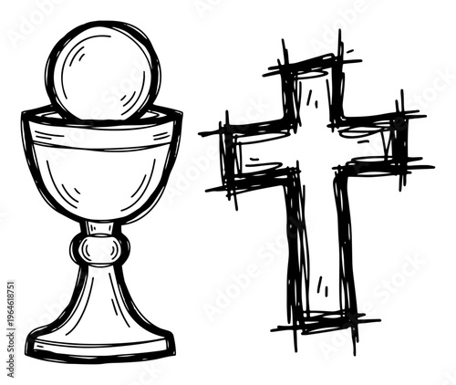 Religious chalice with communion host and christian cross in sketchy hand drawn style