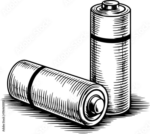 A Batteries in Black and White Engraving Style White Background battery power