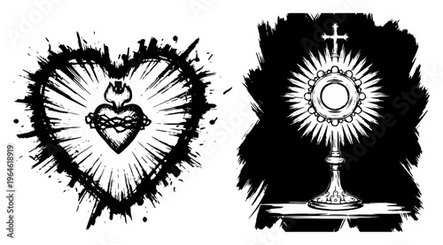Sacred Heart and Catholic monstrance symbols in vintage woodcut style