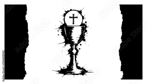 Holy Grail chalice with eucharist host and cross in distressed ink style