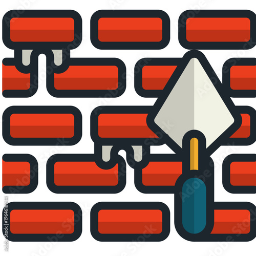 Bricklayer at work constructing red brick wall with trowel and mortar in outdoor setting