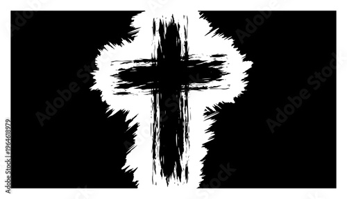Christian cross with glowing textured aura in distressed ink style