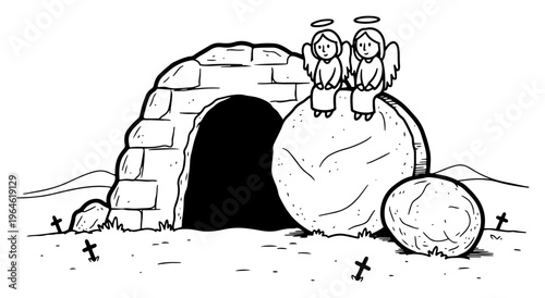 Empty tomb of Jesus with angels sitting on stone in cute cartoon style