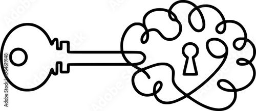 Abstract line of a key entering a brain shaped keyhole symbolizing knowledge and ideas