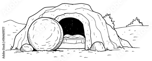 Resurrection empty tomb of Jesus Christ in detailed hand drawn sketch style