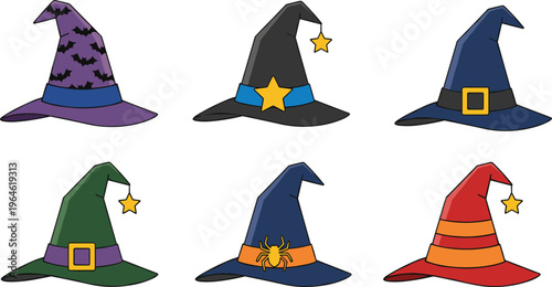 Colorful collection of witch and wizard hats featuring various patterns like bats stars and spiders for Halloween celebrations