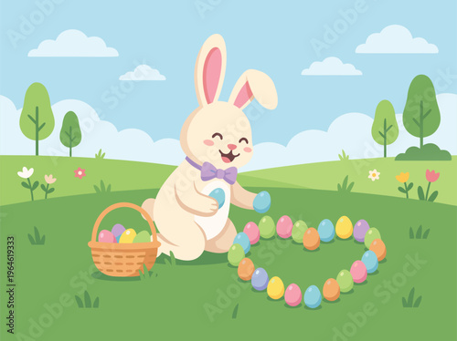 Cute Easter Bunny Arranging Colorful Eggs in Heart Shape on Grassy Field.
