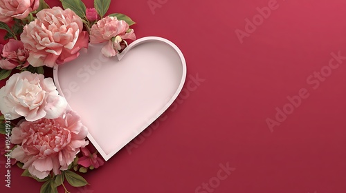 Pink heart with a textured surface, adorned with vibrant red and soft pink roses and green leaves on top, with scattered rose petals against a gradient red background