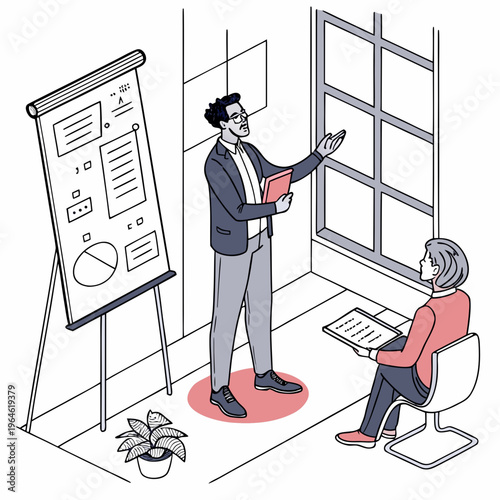 Business presentation with flip chart and attendees