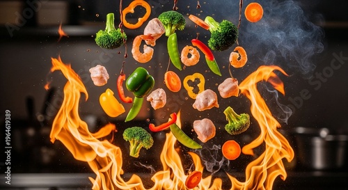 Cooking vegetables and meat in a kitchen with flames and motion during meal preparation at dinner time