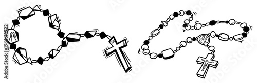 Rosary beads with crucifix crosses in hand drawn doodle sketch style